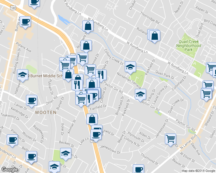 map of restaurants, bars, coffee shops, grocery stores, and more near 8806 Clarewood Drive in Austin