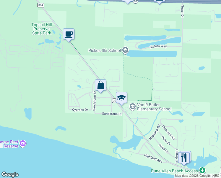 map of restaurants, bars, coffee shops, grocery stores, and more near 6511 West County Highway 30A in Santa Rosa Beach