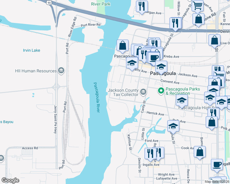 map of restaurants, bars, coffee shops, grocery stores, and more near 2916 Front Street in Pascagoula