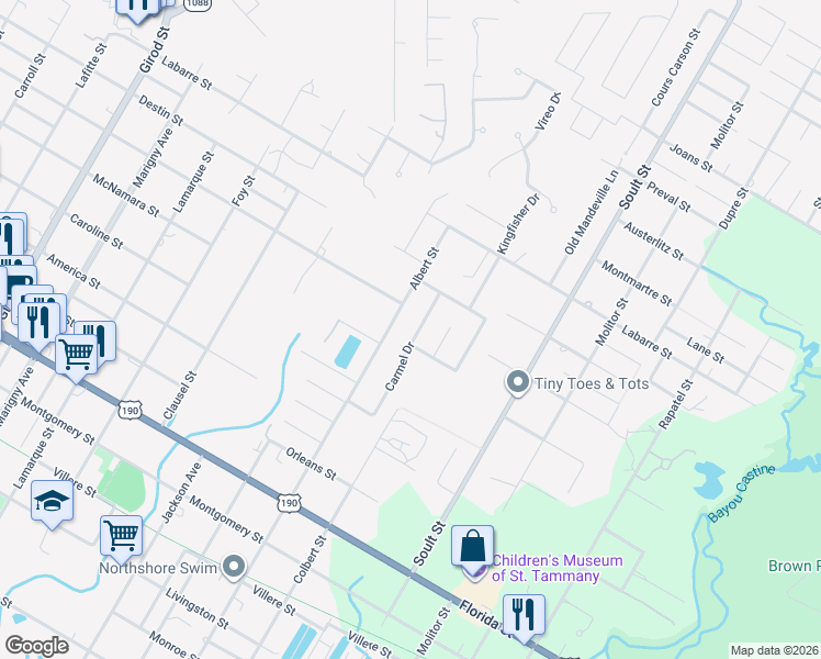 map of restaurants, bars, coffee shops, grocery stores, and more near 201 Carmel Drive in Mandeville
