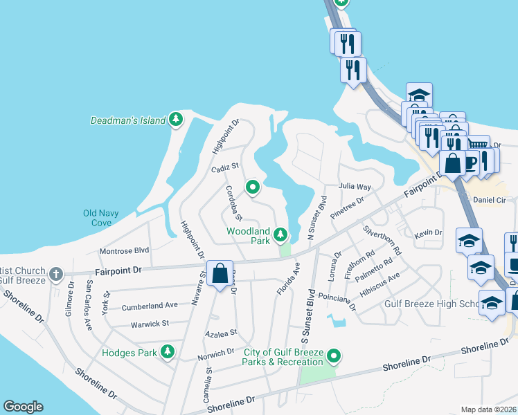 map of restaurants, bars, coffee shops, grocery stores, and more near 13 Highpoint Drive in Gulf Breeze