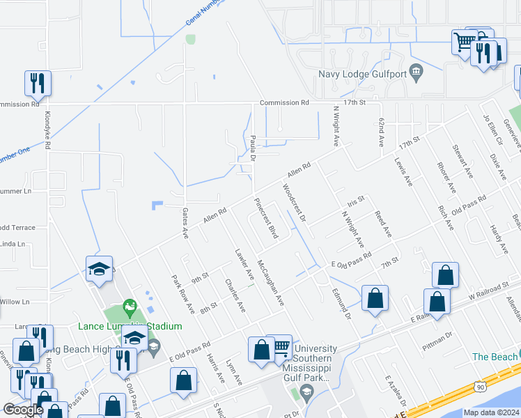map of restaurants, bars, coffee shops, grocery stores, and more near 299 Pinecrest Boulevard in Long Beach