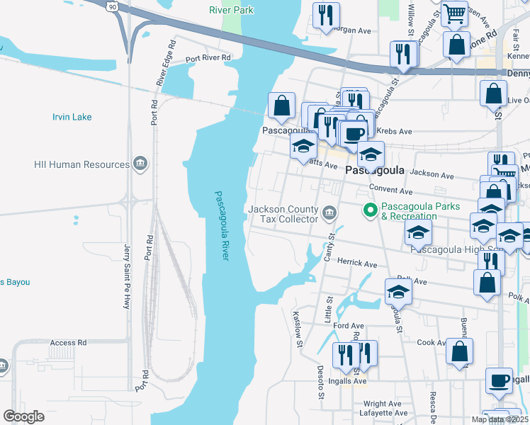 map of restaurants, bars, coffee shops, grocery stores, and more near 2916 Front Street in Pascagoula