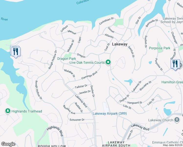 map of restaurants, bars, coffee shops, grocery stores, and more near 521 Flamingo Boulevard in Lakeway