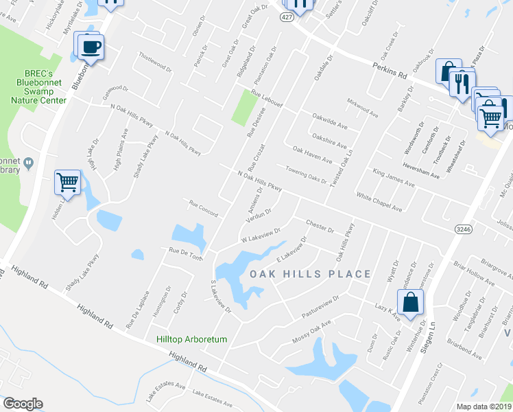map of restaurants, bars, coffee shops, grocery stores, and more near 1142 Amiens Drive in Baton Rouge