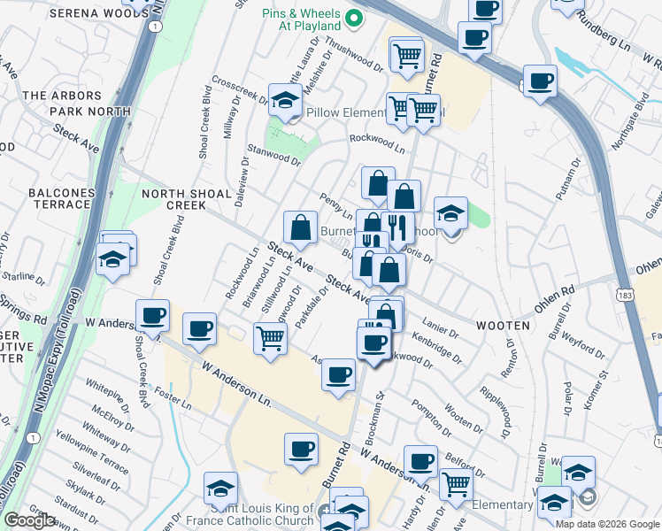 map of restaurants, bars, coffee shops, grocery stores, and more near 8201 Parkdale Drive in Austin