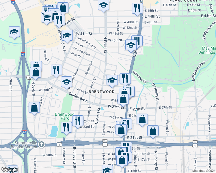 map of restaurants, bars, coffee shops, grocery stores, and more near 4003 North Pearl Street in Jacksonville
