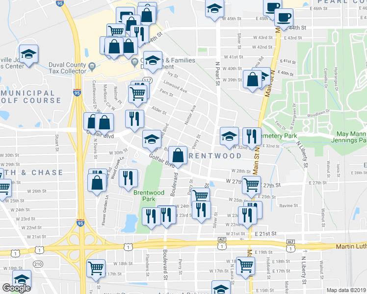 map of restaurants, bars, coffee shops, grocery stores, and more near 471 Birch Street in Jacksonville