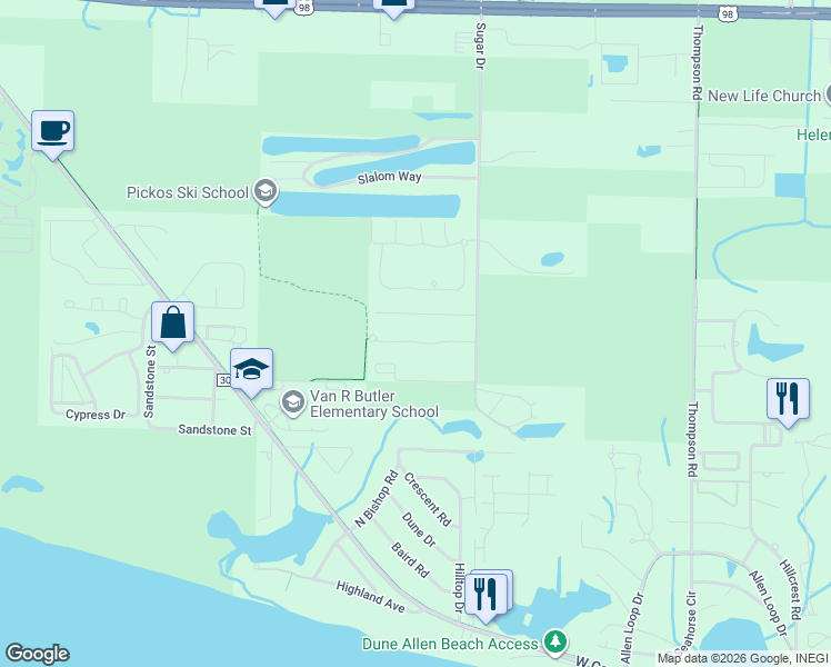 map of restaurants, bars, coffee shops, grocery stores, and more near 177 Vía Largo in Santa Rosa Beach