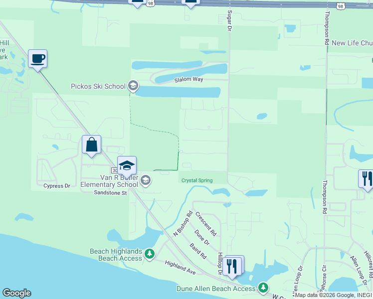 map of restaurants, bars, coffee shops, grocery stores, and more near 177 Vía Largo in Santa Rosa Beach