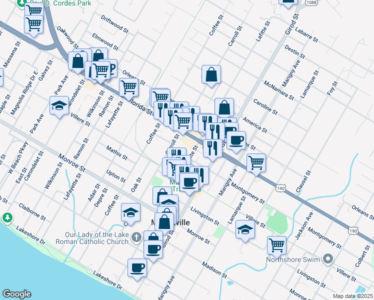 map of restaurants, bars, coffee shops, grocery stores, and more near 720 Lafitte Street in Mandeville