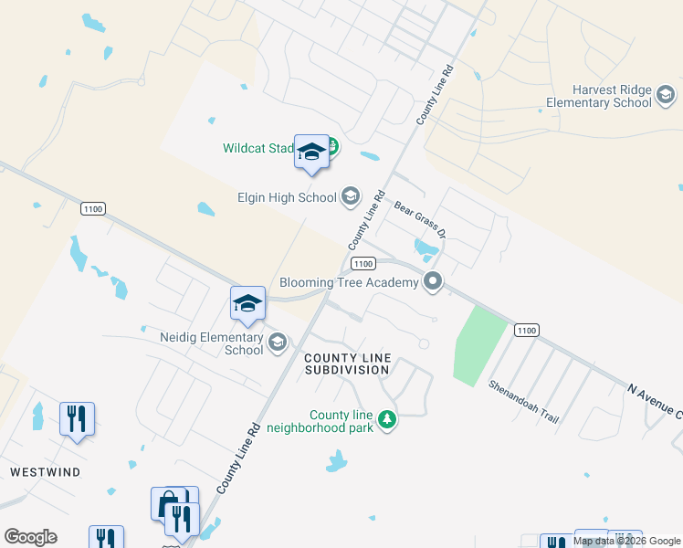 map of restaurants, bars, coffee shops, grocery stores, and more near 13901 County Line Road in Elgin