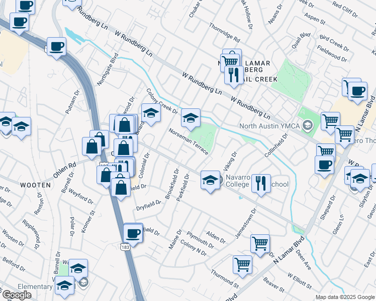 map of restaurants, bars, coffee shops, grocery stores, and more near 8903 Trone Circle in Austin