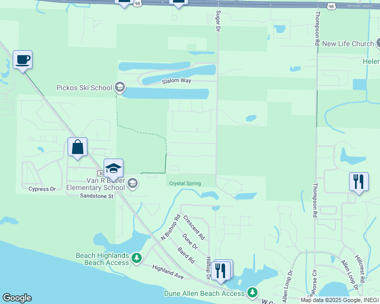 map of restaurants, bars, coffee shops, grocery stores, and more near 126 Vía Largo in Santa Rosa Beach