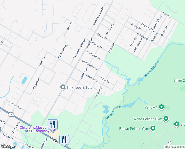 map of restaurants, bars, coffee shops, grocery stores, and more near 1610 Dupre Street in Mandeville