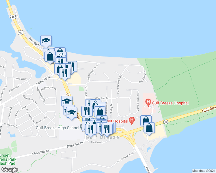 map of restaurants, bars, coffee shops, grocery stores, and more near 211 McClure Drive in Gulf Breeze
