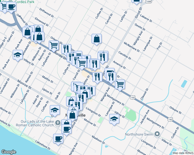 map of restaurants, bars, coffee shops, grocery stores, and more near U.S. Highway 190 in Mandeville
