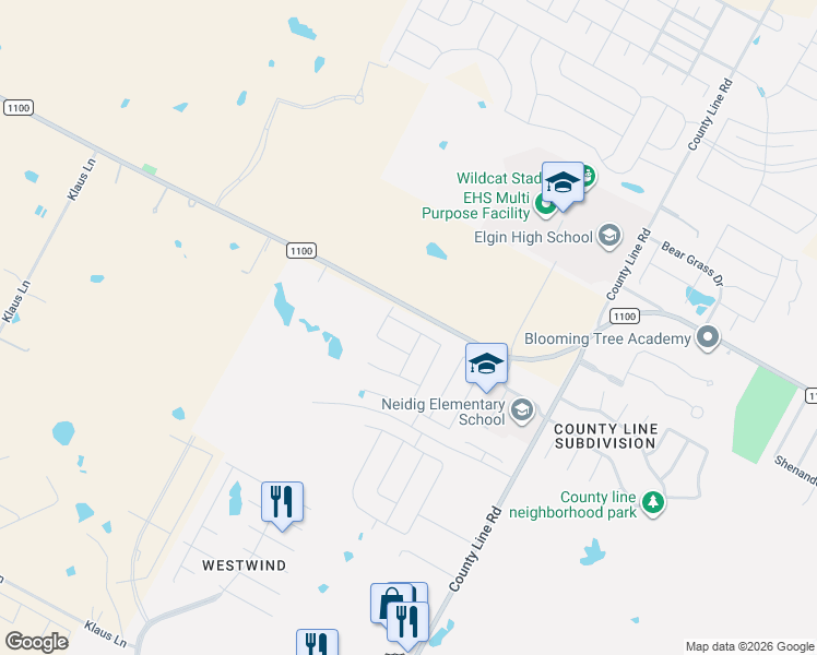 map of restaurants, bars, coffee shops, grocery stores, and more near 18300-18486 Farm to Market Road 1100 in Elgin