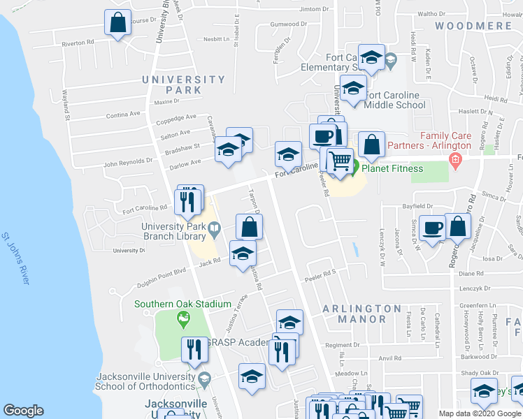 map of restaurants, bars, coffee shops, grocery stores, and more near 3547 Tarpon Drive in Jacksonville