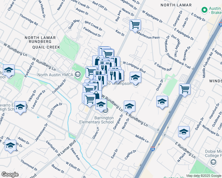 map of restaurants, bars, coffee shops, grocery stores, and more near 9515 North Lamar Boulevard in Austin