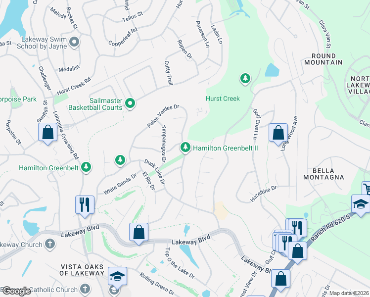 map of restaurants, bars, coffee shops, grocery stores, and more near 801 Palos Verdes Drive in Lakeway