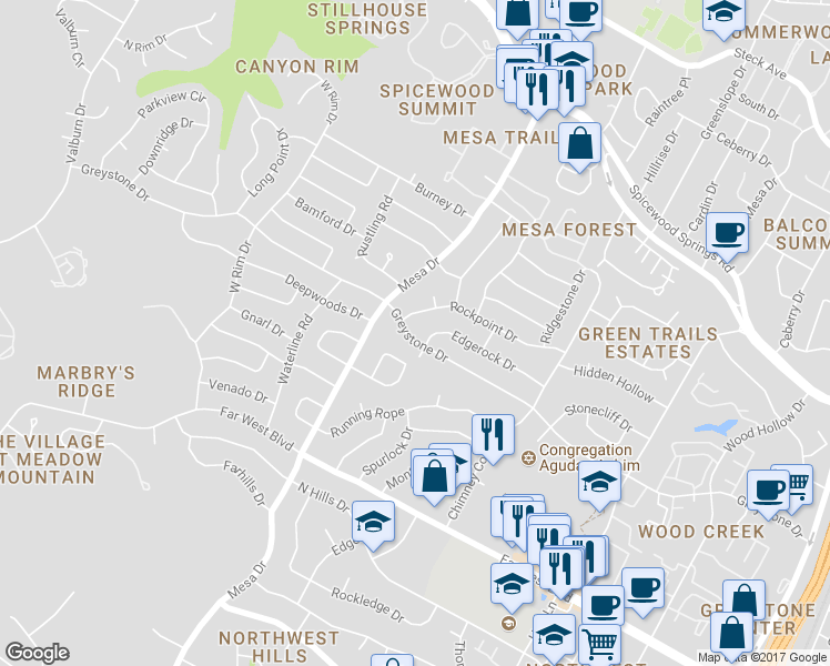 map of restaurants, bars, coffee shops, grocery stores, and more near 4014 Greystone Drive in Austin