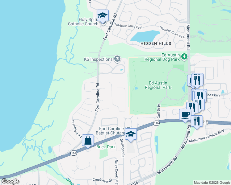 map of restaurants, bars, coffee shops, grocery stores, and more near 11188 Ridgetop Lane in Jacksonville
