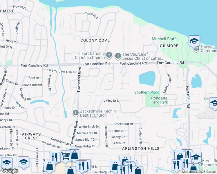 map of restaurants, bars, coffee shops, grocery stores, and more near 7299 Lawn Tennis Lane in Jacksonville