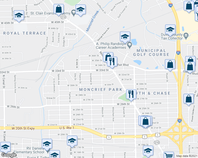 map of restaurants, bars, coffee shops, grocery stores, and more near 1581 West 30th Street in Jacksonville