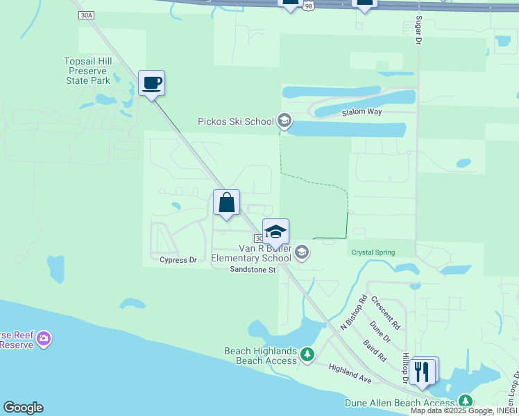 map of restaurants, bars, coffee shops, grocery stores, and more near 119 Topsail Village Drive in Santa Rosa Beach