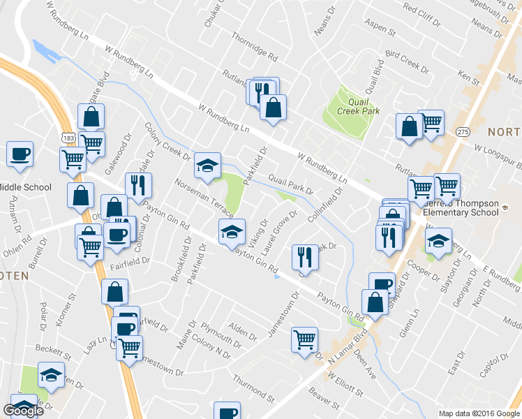 map of restaurants, bars, coffee shops, grocery stores, and more near 9000 Viking Drive in Austin