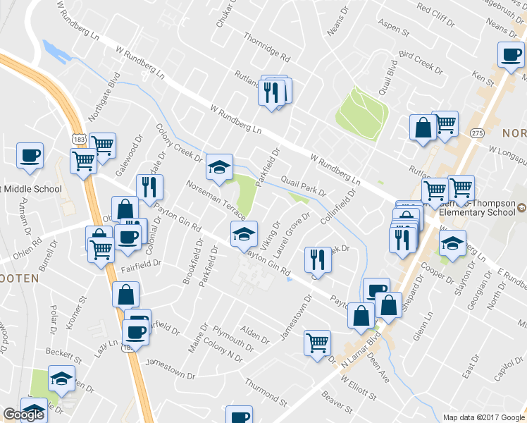 map of restaurants, bars, coffee shops, grocery stores, and more near 9000 Viking Drive in Austin
