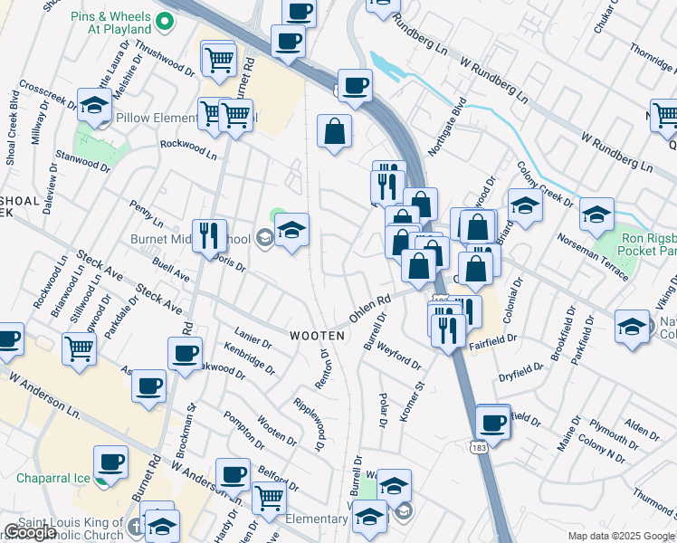 map of restaurants, bars, coffee shops, grocery stores, and more near 8512 Putnam Drive in Austin
