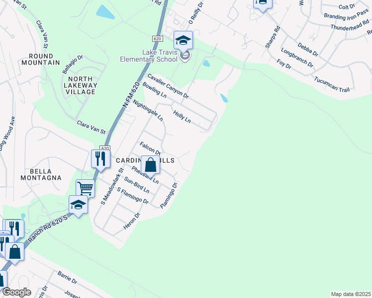 map of restaurants, bars, coffee shops, grocery stores, and more near 15006 Nightingale Lane in Austin