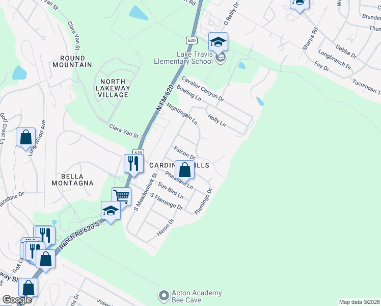 map of restaurants, bars, coffee shops, grocery stores, and more near 15200 Falcon Drive in Austin