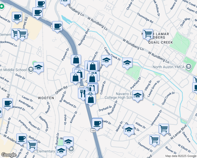 map of restaurants, bars, coffee shops, grocery stores, and more near 1611 Payton Gin Road in Austin
