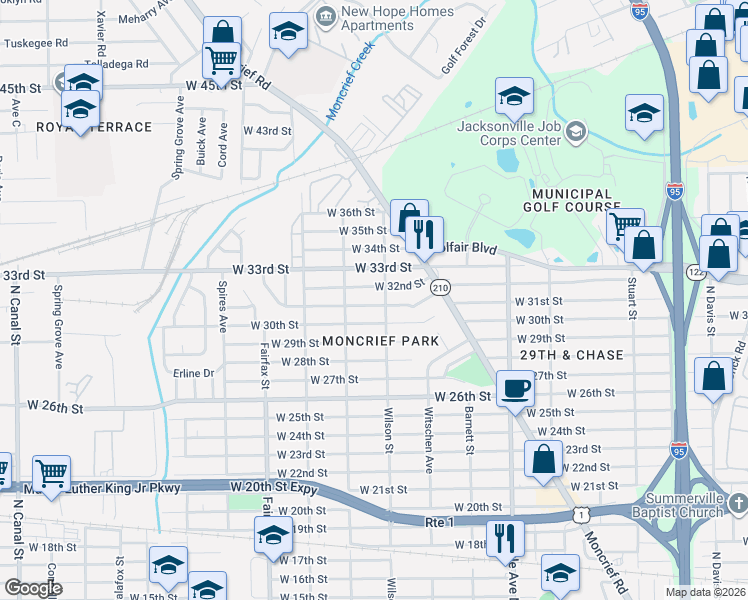 map of restaurants, bars, coffee shops, grocery stores, and more near 1581 West 30th Street in Jacksonville