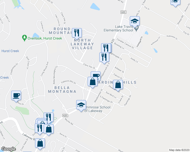 map of restaurants, bars, coffee shops, grocery stores, and more near 253 Ranch Road 620 in Lakeway