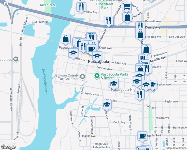 map of restaurants, bars, coffee shops, grocery stores, and more near 705 School Avenue in Pascagoula