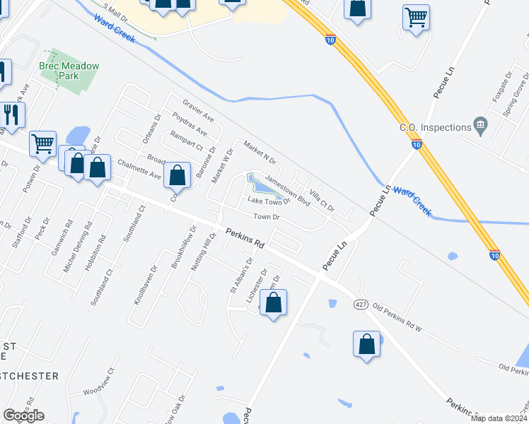 map of restaurants, bars, coffee shops, grocery stores, and more near 14625 Town Drive in Baton Rouge