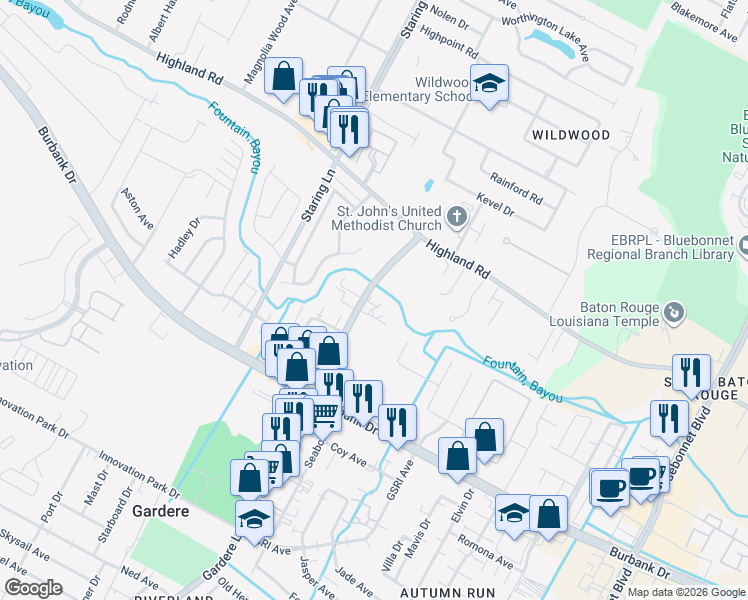 map of restaurants, bars, coffee shops, grocery stores, and more near 434 Gardere Lane in Baton Rouge
