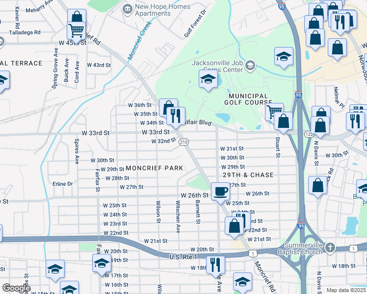 map of restaurants, bars, coffee shops, grocery stores, and more near 4220A Moncrief Road in Jacksonville