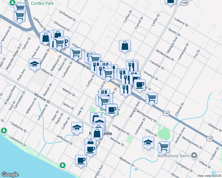 map of restaurants, bars, coffee shops, grocery stores, and more near 2186 Florida Street in Mandeville