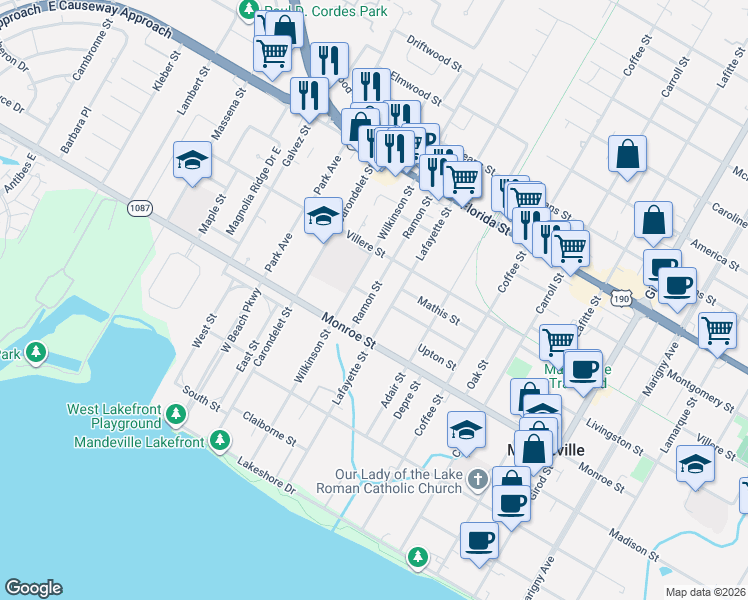 map of restaurants, bars, coffee shops, grocery stores, and more near 609/611/61 Wilkinson Street in Mandeville