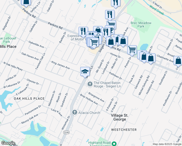 map of restaurants, bars, coffee shops, grocery stores, and more near 9394 Siegen Lane in Baton Rouge