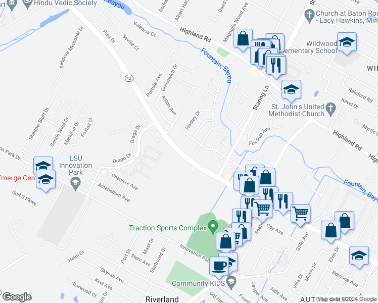 map of restaurants, bars, coffee shops, grocery stores, and more near 7870 Bayou Fountain Avenue in Baton Rouge