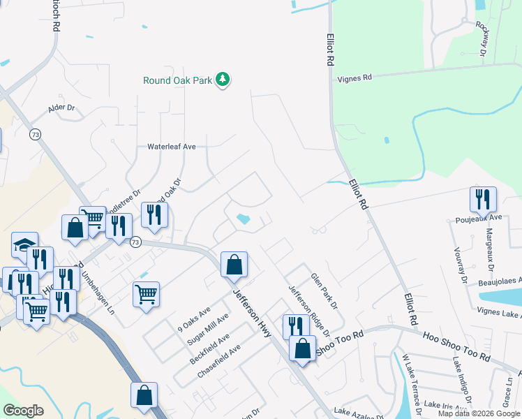 map of restaurants, bars, coffee shops, grocery stores, and more near 9444 Lake Forest Drive in Baton Rouge