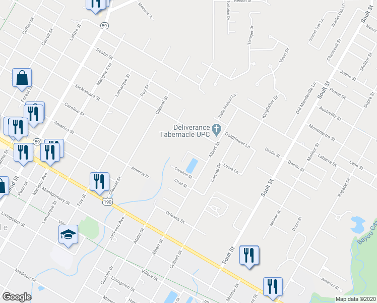 map of restaurants, bars, coffee shops, grocery stores, and more near 1398 McNamara Street in Mandeville