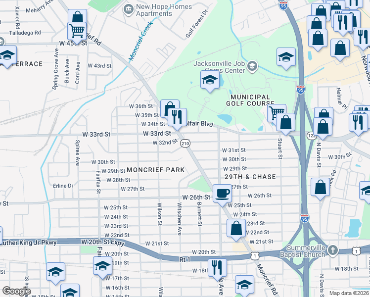 map of restaurants, bars, coffee shops, grocery stores, and more near 4220A Moncrief Road in Jacksonville
