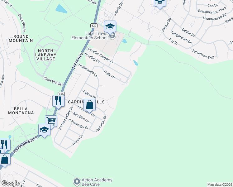 map of restaurants, bars, coffee shops, grocery stores, and more near 15000 Robin Court in Lakeway